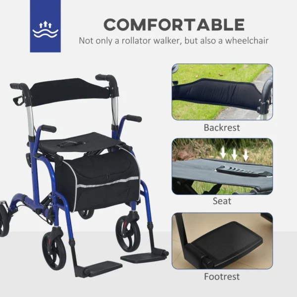Blue Aluminium 2-in-1 Wheelchair & Folding Rollator Walker Combo, 59x104x101cm - Image 3