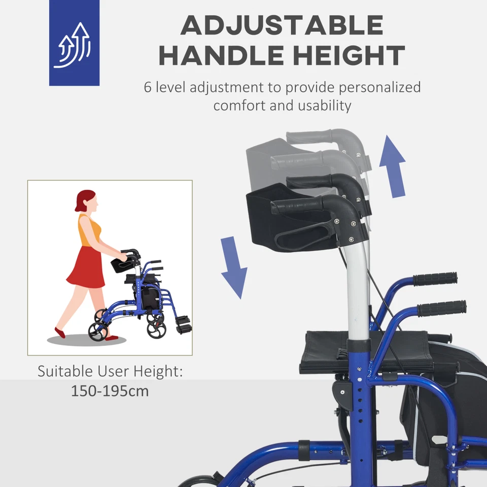 Blue Aluminium 2-in-1 Wheelchair & Folding Rollator Walker Combo, 59x104x101cm - Image 4