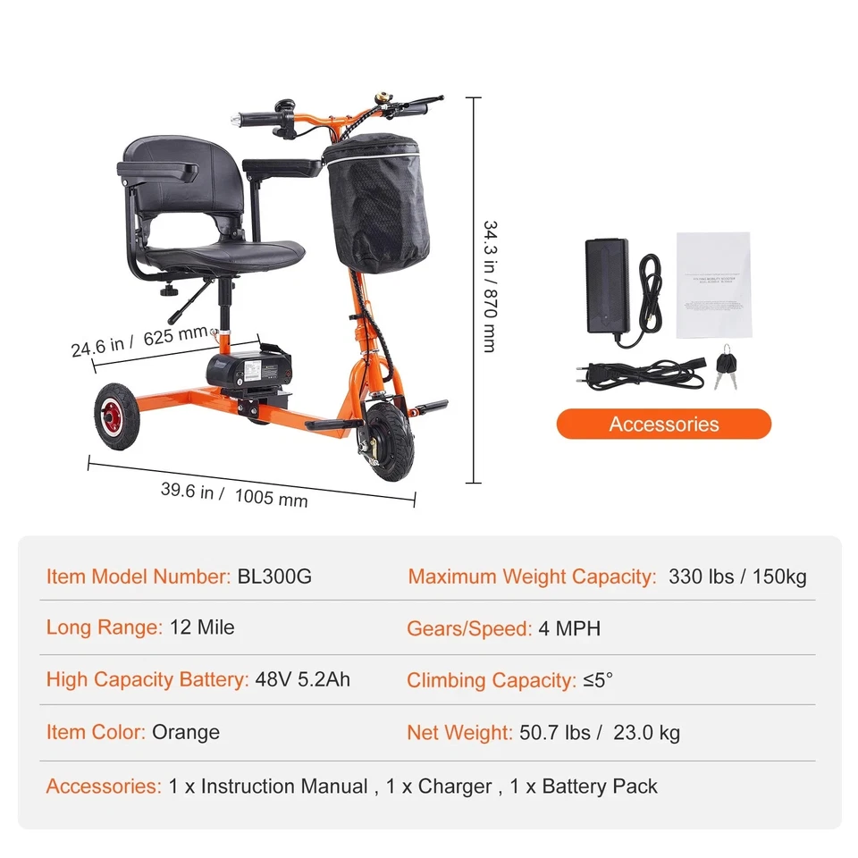 Uimoso Portable 3 Wheel Mobility Scooter for Seniors 12 Mile Range Max 330LBS - Image 4