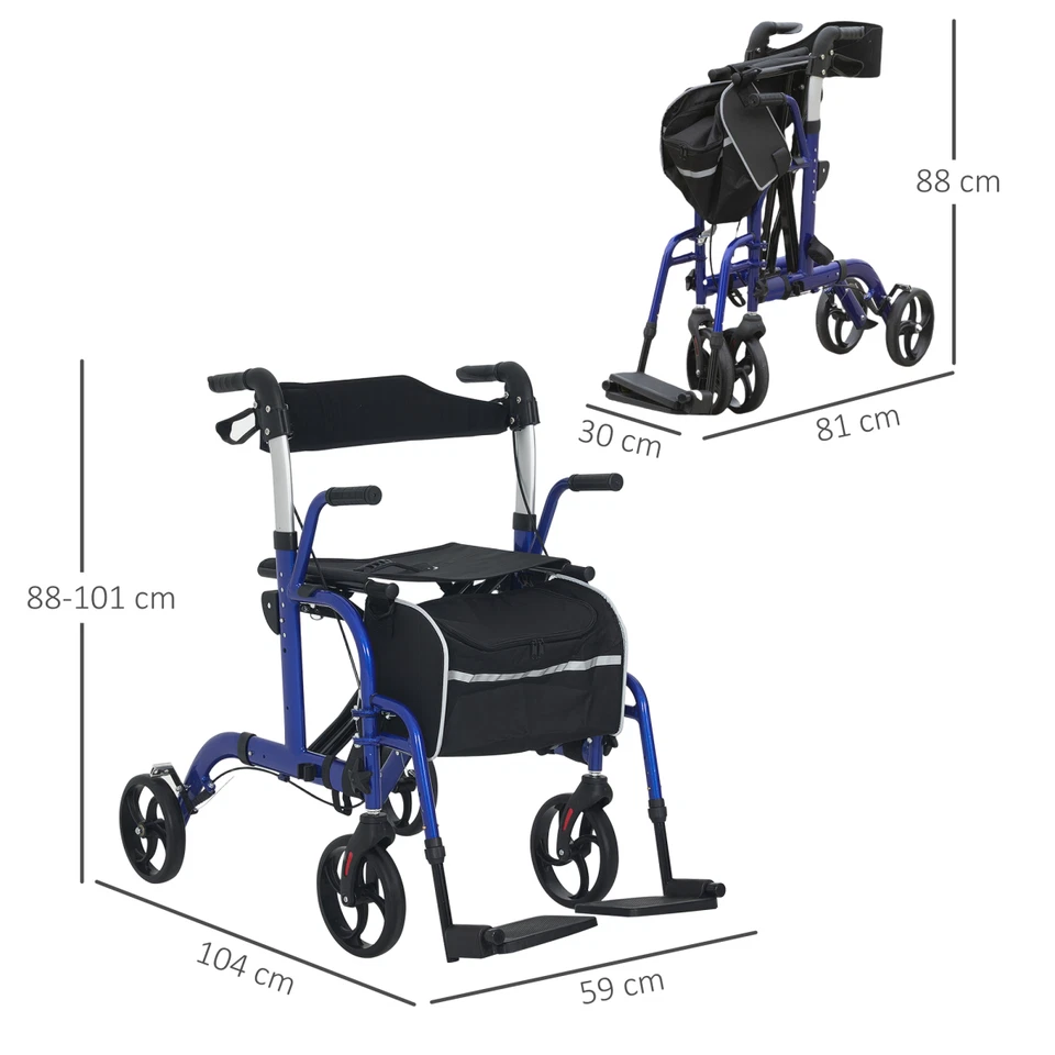 Blue Aluminium 2-in-1 Wheelchair & Folding Rollator Walker Combo, 59x104x101cm - Image 5