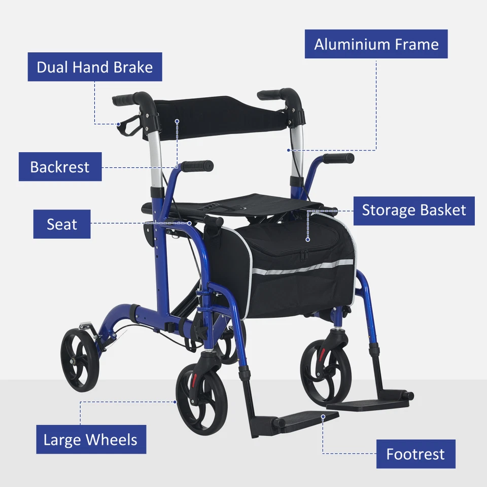 Blue Aluminium 2-in-1 Wheelchair & Folding Rollator Walker Combo, 59x104x101cm - Image 8