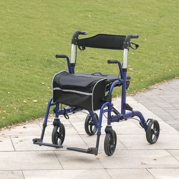 Blue Aluminium 2-in-1 Wheelchair & Folding Rollator Walker Combo, 59x104x101cm - Image 10